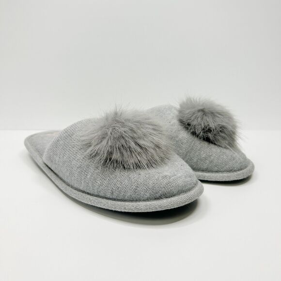 VICTORIAS SECRET Fur Pom Pom Slippers Glamour Comfy Gray Womens Sz M 7/8 - Picture 1 of 8